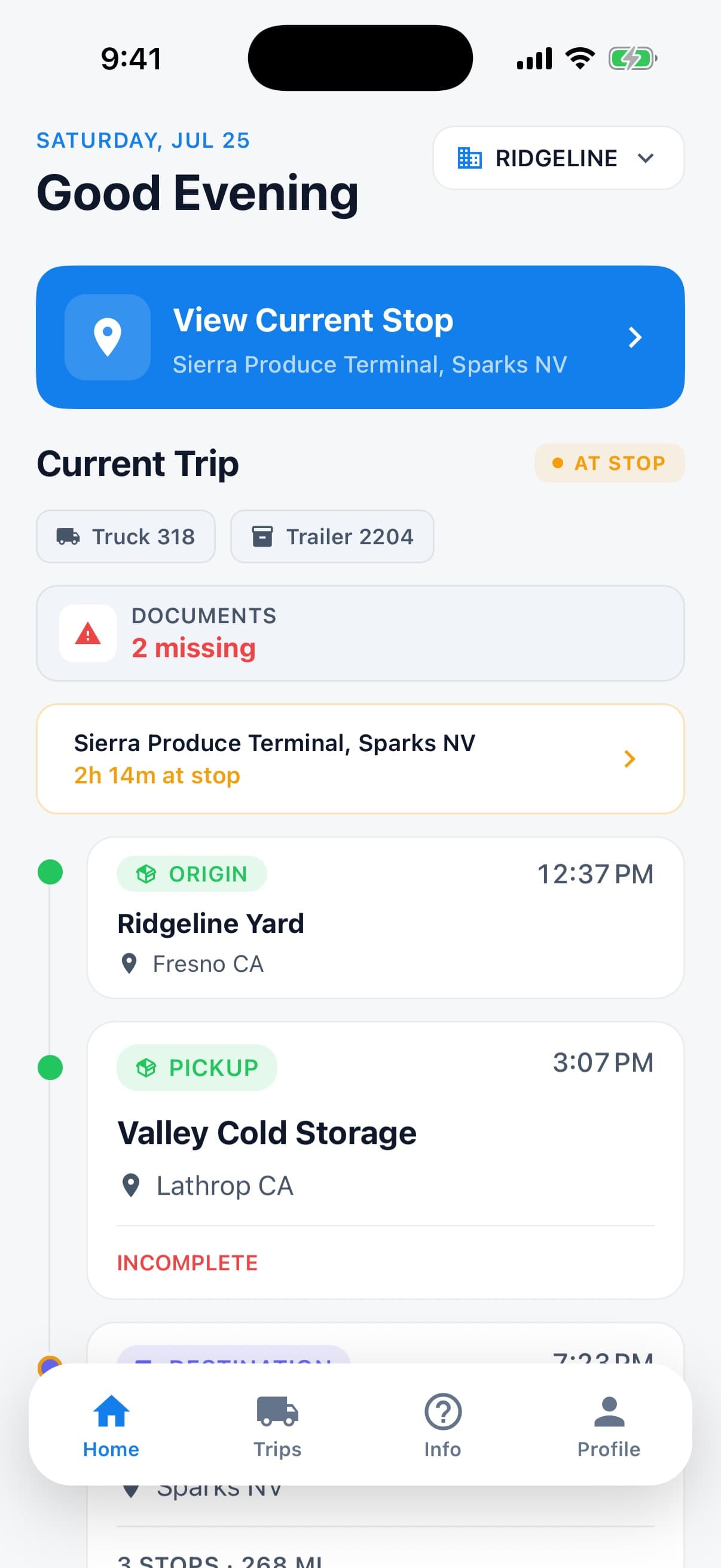 The driver app's home screen: the current trip, the stop in progress, and the run of stops for the day.