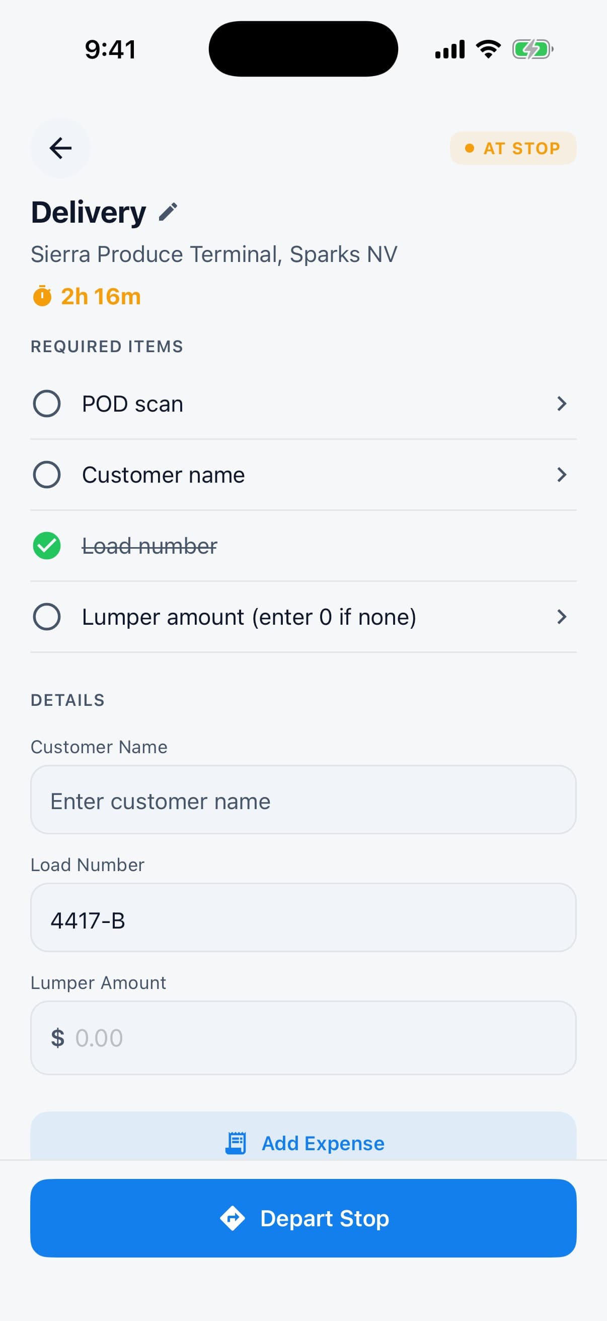 Logging a stop in the driver app: stop type, location, arrival time, and lumper details.