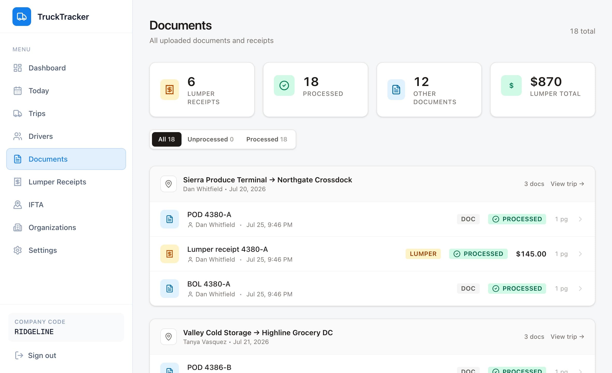 The Documents view: every scanned page listed with its trip, stop, and document type.