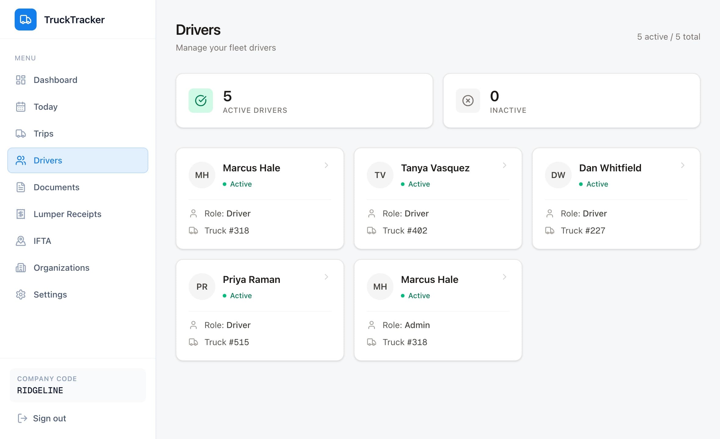 The Drivers view: the roster with each driver's truck, current status, and recent trips.